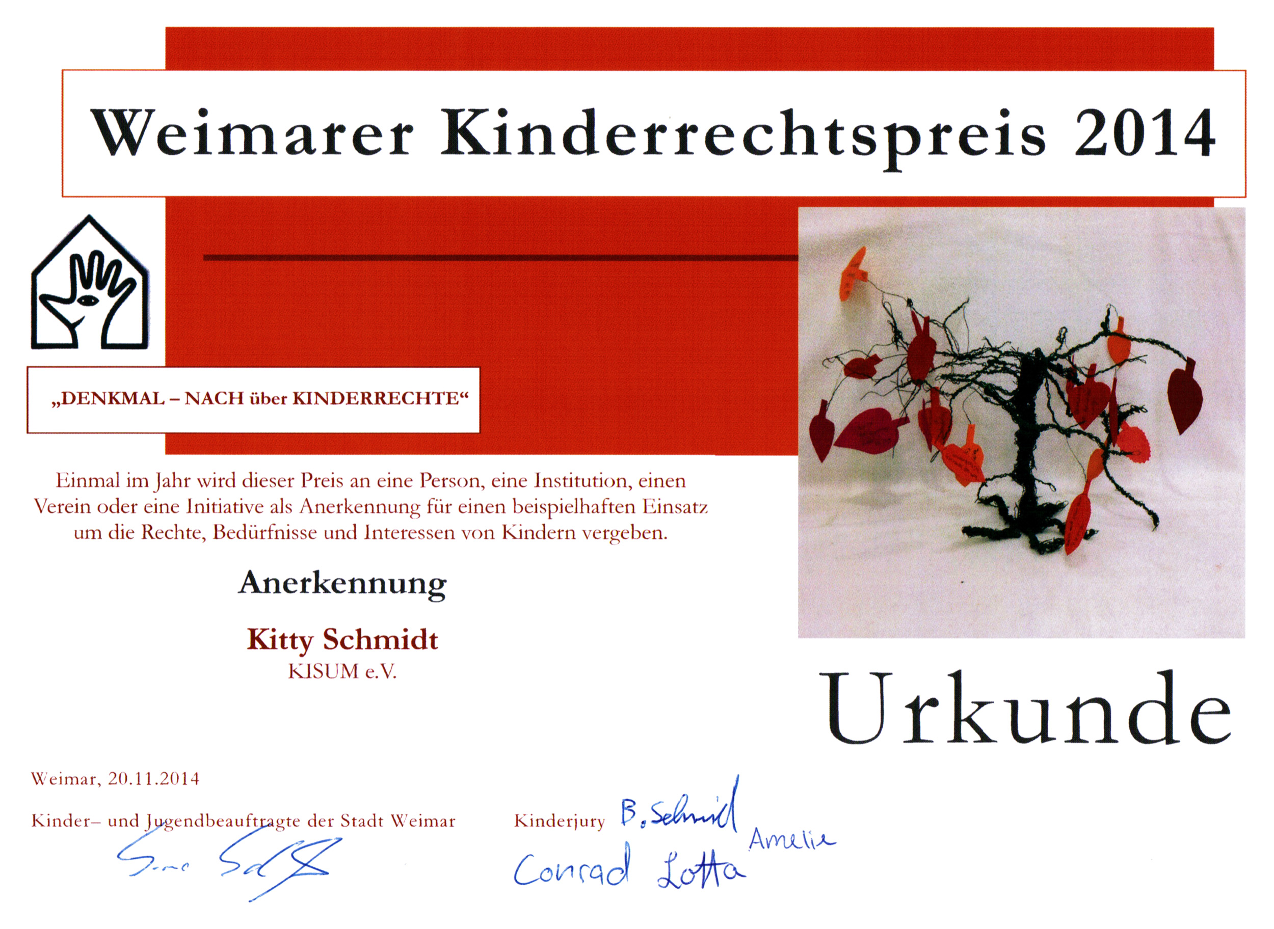 Urkunde Kinderrechtspreis 2014